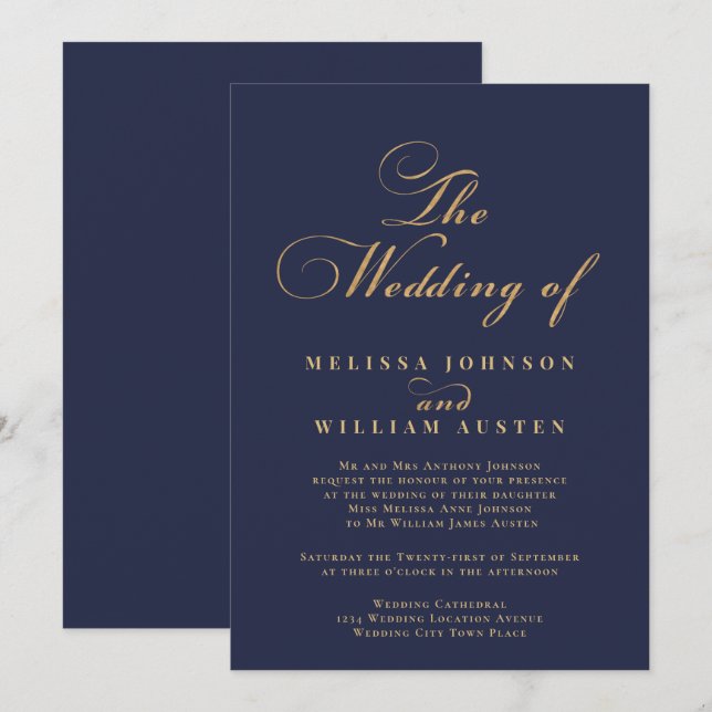 Modern Navy Gold Typography Wedding Invitation (Front/Back)