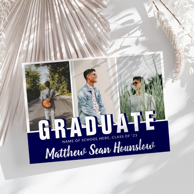 Modern Navy Graduate 3 Photo Collage Graduation Announcement (Creator Uploaded)
