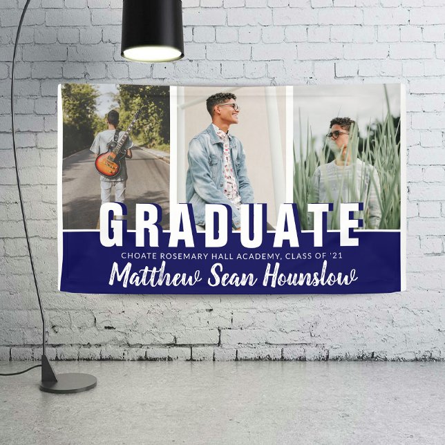 Modern Navy Graduate 3 Photo Collage Graduation Banner (Creator Uploaded)
