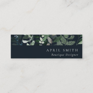 Modern Navy Green Leafy Tropical Foliage Fern Mini Business Card
