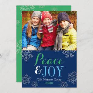 Modern Navy Green Peace and Joy Snowflake Photo Holiday Card