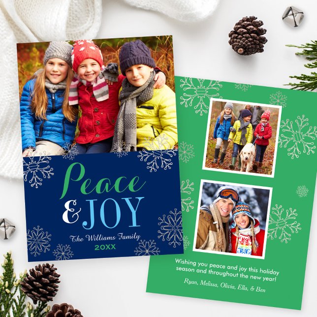 Modern Navy Green Peace and Joy Snowflake Photo Holiday Card (Creator Uploaded)