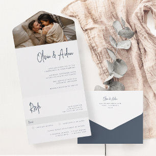 Modern Navy Handwritten Script Photo Wedding All In One Invitation