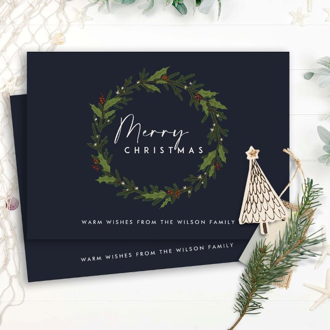 MODERN NAVY HOLLY BERRY WREATH MERRY CHRISTMAS HOLIDAY CARD (Creator Uploaded)