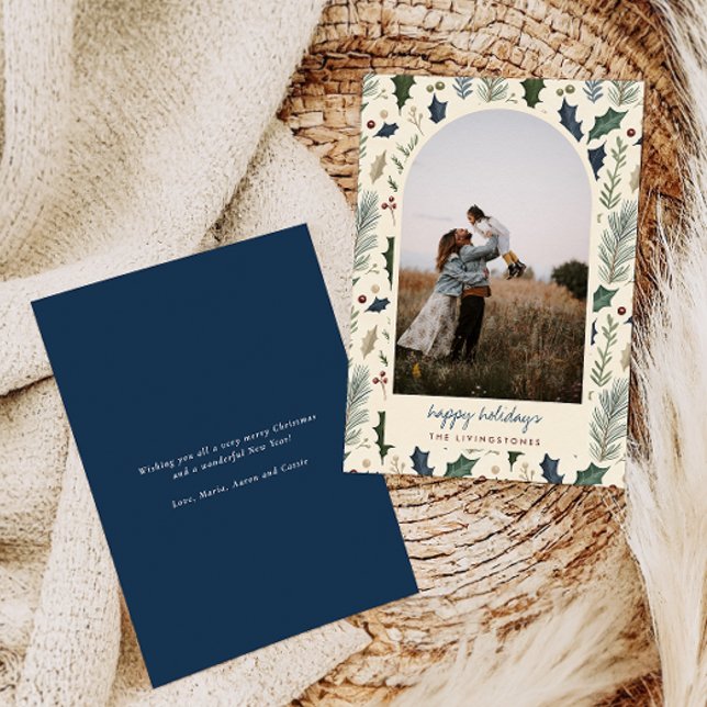 Modern Navy Holly & Pine Leaves Arch Photo Holiday Card (Creator Uploaded)
