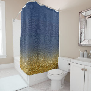 Modern Navy Indigo Blue & Glitter Gold Feather Shower Curtain