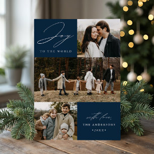 Modern Navy Joy to the World 4 Photo Holiday Card