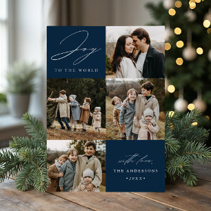 Modern Navy Joy to the World 5 Photo Holiday Card