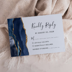 Modern Navy Light Blue Gold Agate Wedding RSVP Card