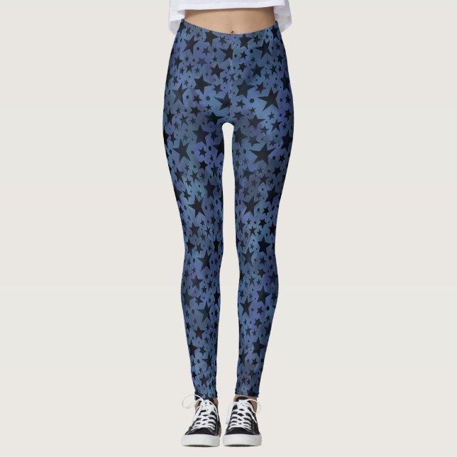 Modern Navy Light Blue Stars Leggings (Front)