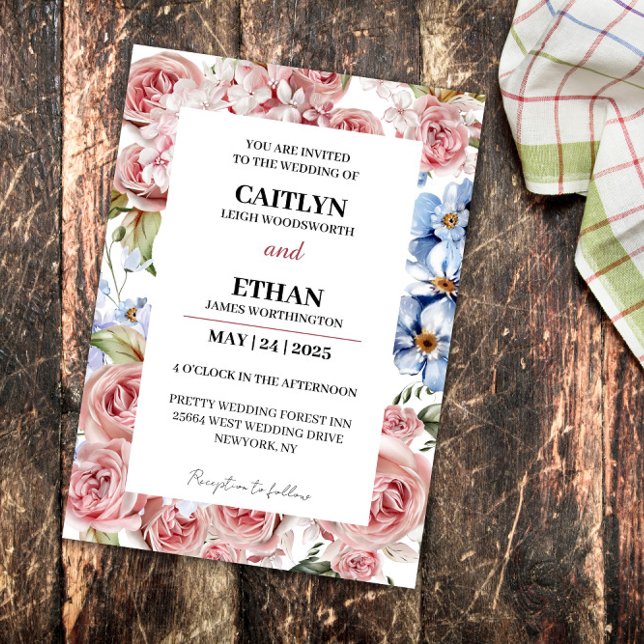 Modern Navy & Light Red Flowers Wedding Invitation (Creator Uploaded)