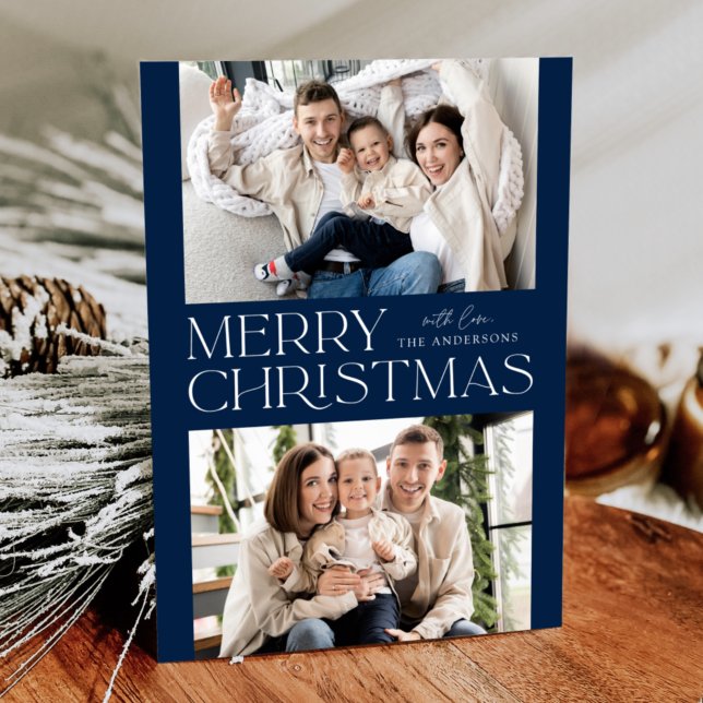 Modern Navy Merry Christmas 2 Photo Holiday Card (Creator Uploaded)