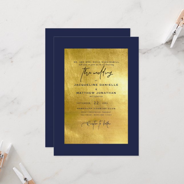 Modern Navy &  Metallic Gold Wedding Invitation (Front/Back In Situ)