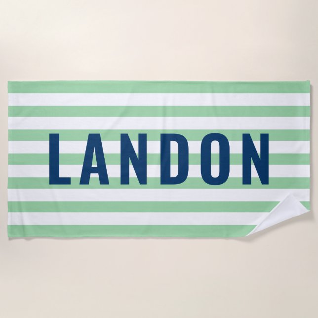 Modern Navy Mint Stripe Monogram Name Beach Towel (Front)
