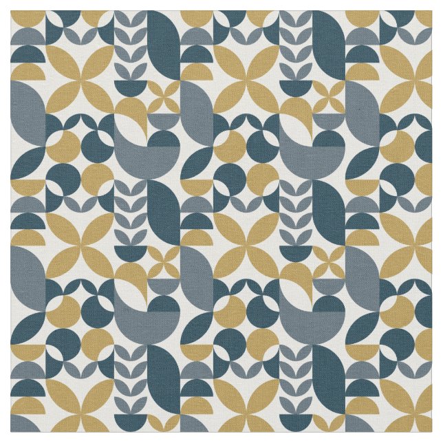 Modern Navy Mustard Abstract Geometric Pattern Fabric (Close Up)