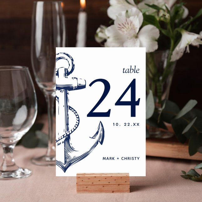 Modern Navy Nautical Sketch Anchor Table Number (Nautical anchor beach design on this table number card is perfect for your wedding reception decor.)