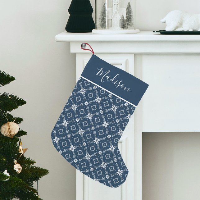 Modern Navy Nordic Snowflake Personalised Small Christmas Stocking (Creator Uploaded)