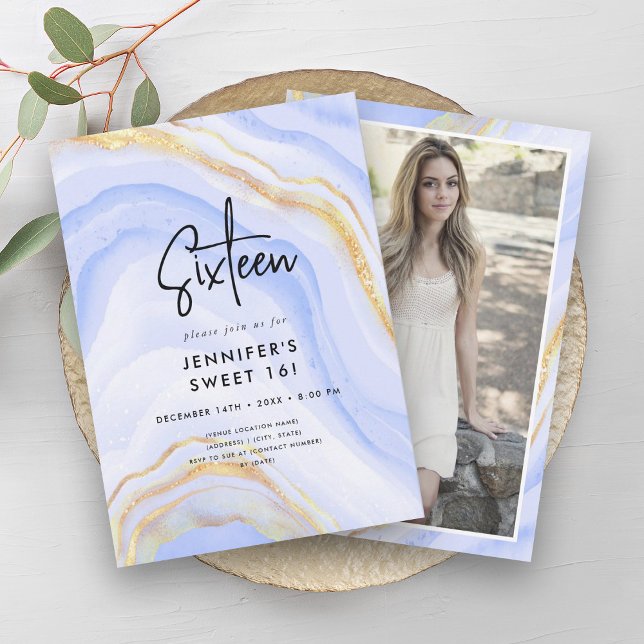 Modern Navy Ombre Marble Photo Sweet 16  Invitation (Modern Navy Ombre Marble Photo Sweet 16 Invitation)