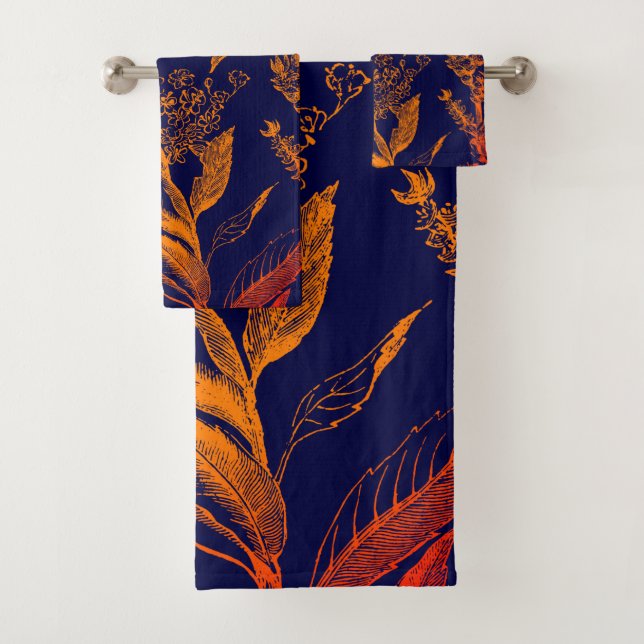 Modern Navy Orange Leaves Floral Bath Towel Set (Insitu)