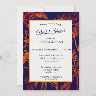 Modern Navy Orange Leaves Floral Bridal Shower Invitation