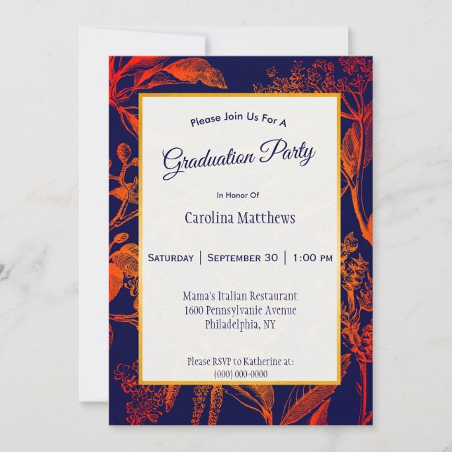 Modern Navy Orange Leaves Floral Graduation Invitation (Front)