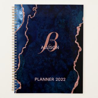 Modern Navy Rose Gold Agate Monogram Planner