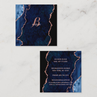 Modern Navy Rose Gold Agate Monogram Square Business Card