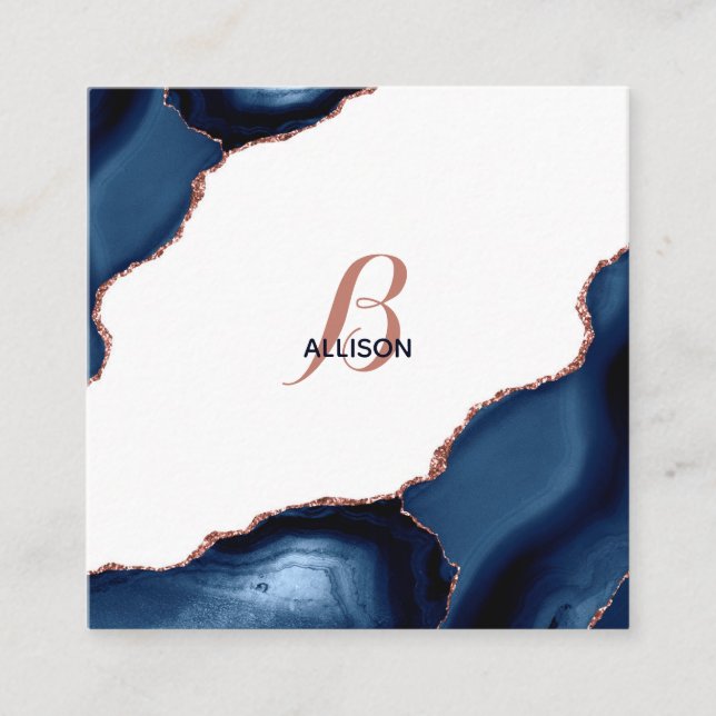 Modern Navy Rose Gold Agate Monogram Square Business Card (Front)