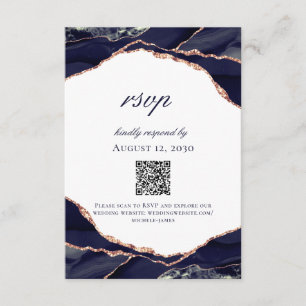 Modern Navy Rose Gold Foil Agate Wedding RSVP Card