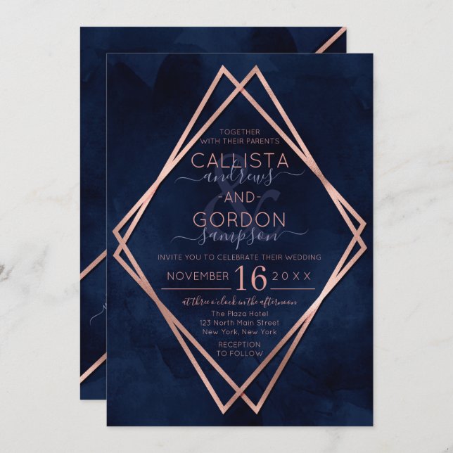 Modern Navy Rose Gold Geometric Border Wedding Invitation (Front/Back)