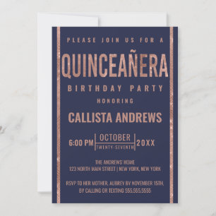 Modern Navy Rose Gold Glitter Frame Quinceañera Invitation