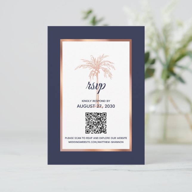Modern Navy Rose Gold Palm Tree Modern Wedding RSVP Card (Standing Front)