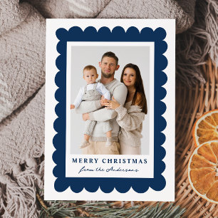 Modern Navy Scalloped Frame Christmas 4 Photo Holiday Card