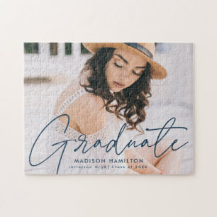 Modern Navy Script Photo Graduation Jigsaw Puzzle