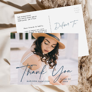 Modern Navy Script Photo Graduation Thank You Postcard
