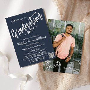 Modern Navy Script QR Code Photo Graduation Party Invitation