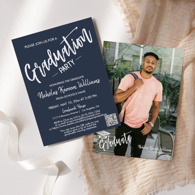 Modern Navy Script QR Code Photo Graduation Party Invitation (Creator Uploaded)