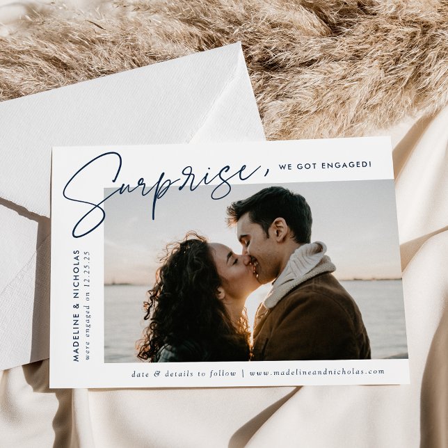 Modern Navy Script Surprise Photo Engagement Announcement (Creator Uploaded)
