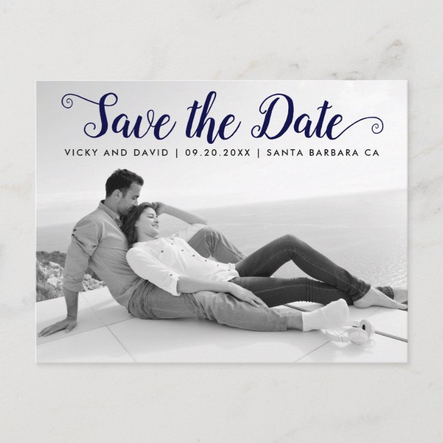 Modern navy script wedding Save the Date photo Postcard (Front)
