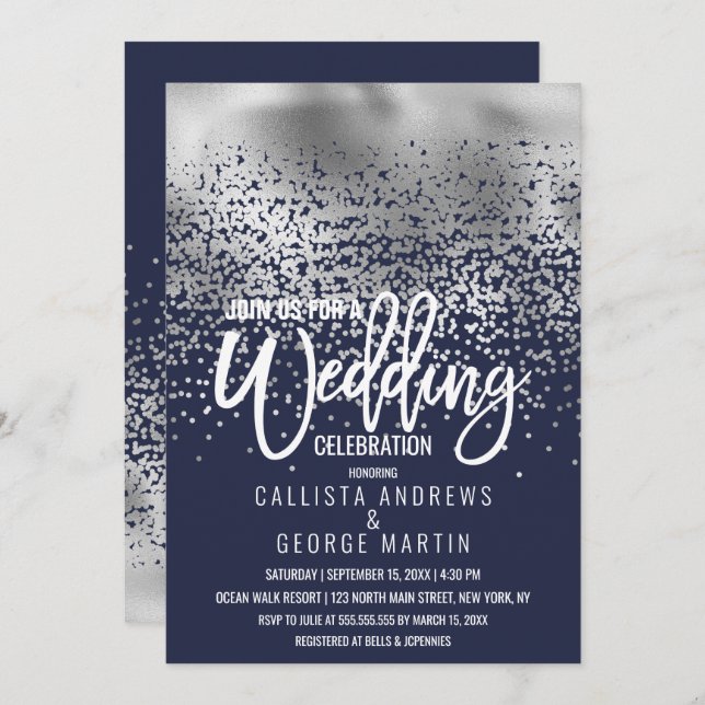 Modern Navy Silver Foil Confetti Ombre Wedding Invitation (Front/Back)
