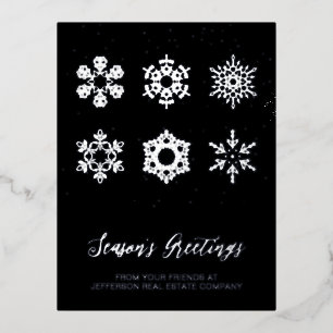Modern Navy Silver Snowflakes Business     Foil Holiday Postcard