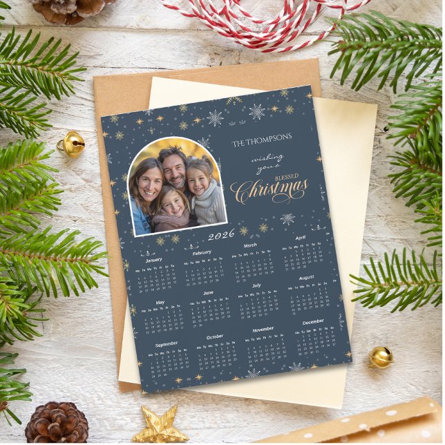 Modern Navy Snowflake Photo 2026 Calendar Card (Creator Uploaded)