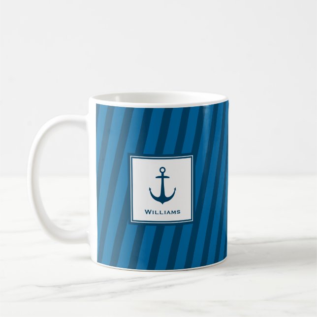 Modern Navy Striped Nautical Last Name Anchor Coffee Mug (Left)