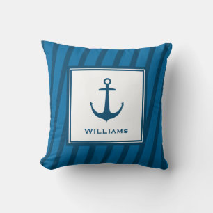 Modern Navy Striped Nautical Last Name Anchor Cushion