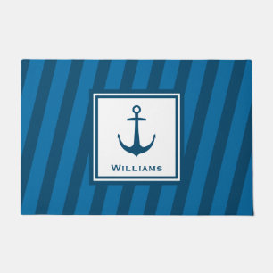 Modern Navy Striped Nautical Last Name Anchor Doormat
