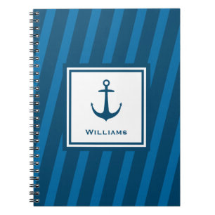 Modern Navy Striped Nautical Last Name Anchor Notebook