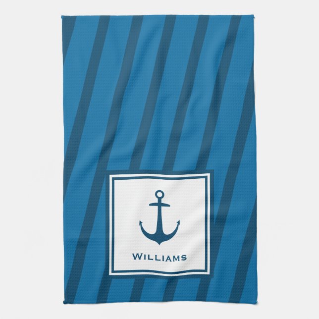 Modern Navy Striped Nautical Last Name Anchor Tea Towel (Vertical)