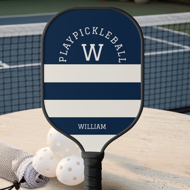 Modern Navy Summer Coastal Stripes Monogram   Pickleball Paddle (Creator Uploaded)