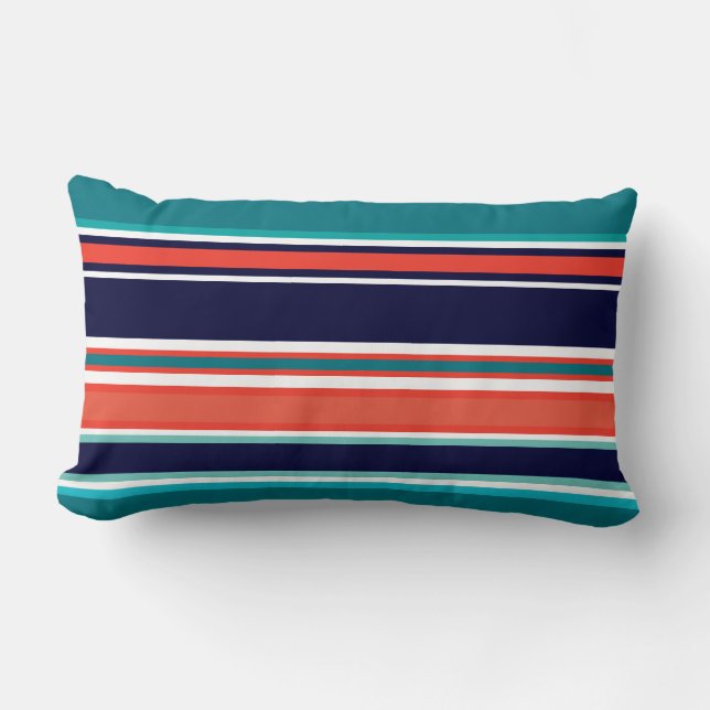 Modern Navy Teal Coral Navy Stripes Beach Lumbar Cushion (Front)