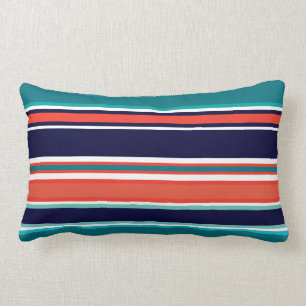Modern Navy Teal Coral Navy Stripes Beach Lumbar Cushion